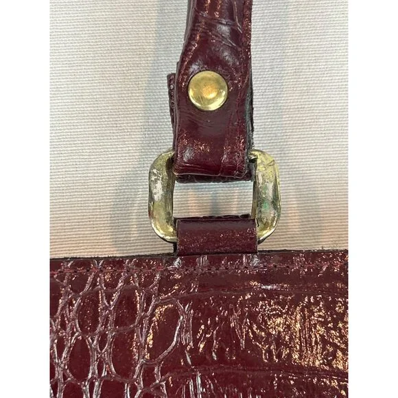 Vintage Burgundy Croc Embossed Leather Handbag Gold Hardware Top Handles Elegant - Picture 10 of 13